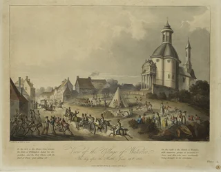 Utsikt over landsbyen Waterloo, dagen etter slaget, 19. juni 1815, etter A.M.S., utgitt av James Jenkins, 1. februar 1816 (fargeakvatint)